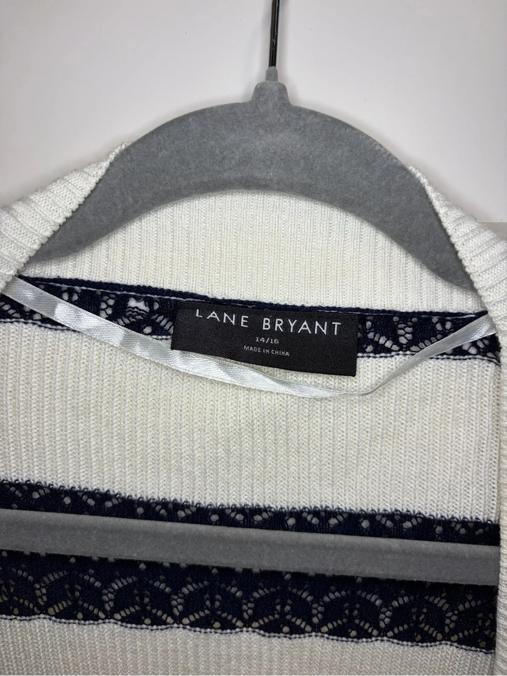 Lane Bryant Open Front Striped Lace Knit Cardigan - Ivory & Navy